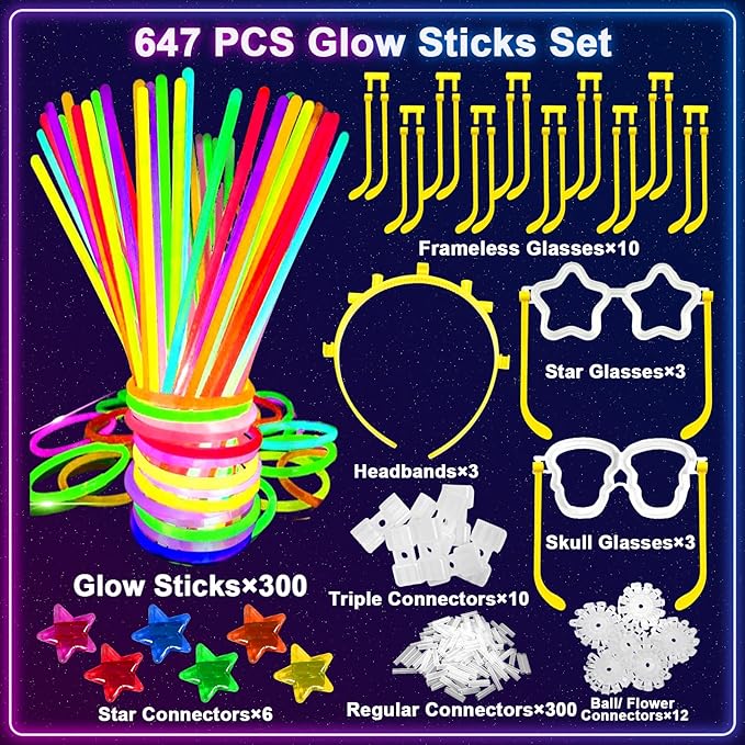 647PCS Glow Sticks, Glow in the Dark Party Favors New Year Eve Christmas Party Supplies for Adults Glow Sticks Bulk & Connectors Light Up Glasses Headbands Bracelets Necklace for Christmas Accessories