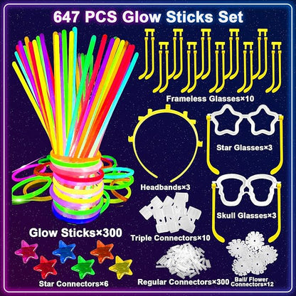 647PCS Glow Sticks, Glow in the Dark Party Favors New Year Eve Christmas Party Supplies for Adults Glow Sticks Bulk & Connectors Light Up Glasses Headbands Bracelets Necklace for Christmas Accessories