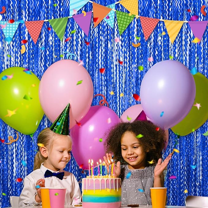 4 Pack Blue Fringe Curtain Backdrop 3.2Ft x 8.2Ft Metallic Tinsel Foil Fringe Streamers Background for Photo Booth Mother's Day, Easter, Carnival, Birthday, Wedding Party Decoration