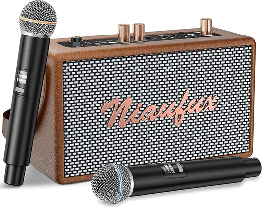 Karaoke Machine, Retro-Design Speaker with 2 Wireless Microphones for Adults & Kids, Portable Karaoke System for Home Party, Bluetooth/AUX/USB/TF/TWS Support, Gifts for Women & Girls - Brown