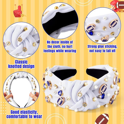 PANTIDE Football Jeweled Knotted Headband - Blue Football Rhinestone Crystal Embellished Headband Wide Top Knot Fashion Hairband Mom Accessories Sport Game Day Birthday Gift for Fan Women Girl (White)