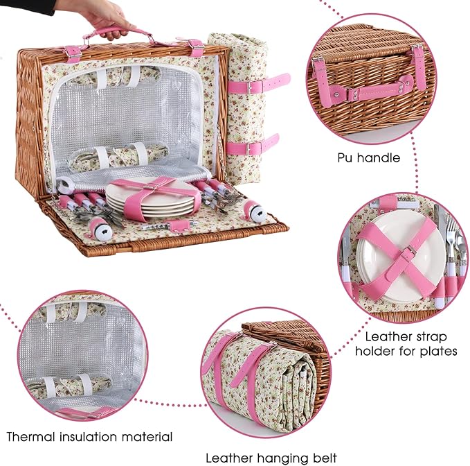 Wicker Picnic Basket for 4 with Waterproof Picnic Blanket and Insulated Cooler, Willow Hamper for Camping, Outdoors, Photoshoot, or a Birthday, Valentine’s Day, Wedding Gift, Pink