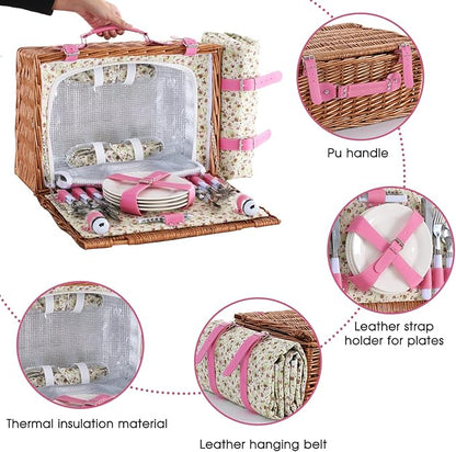 Wicker Picnic Basket for 4 with Waterproof Picnic Blanket and Insulated Cooler, Willow Hamper for Camping, Outdoors, Photoshoot, or a Birthday, Valentine’s Day, Wedding Gift, Pink