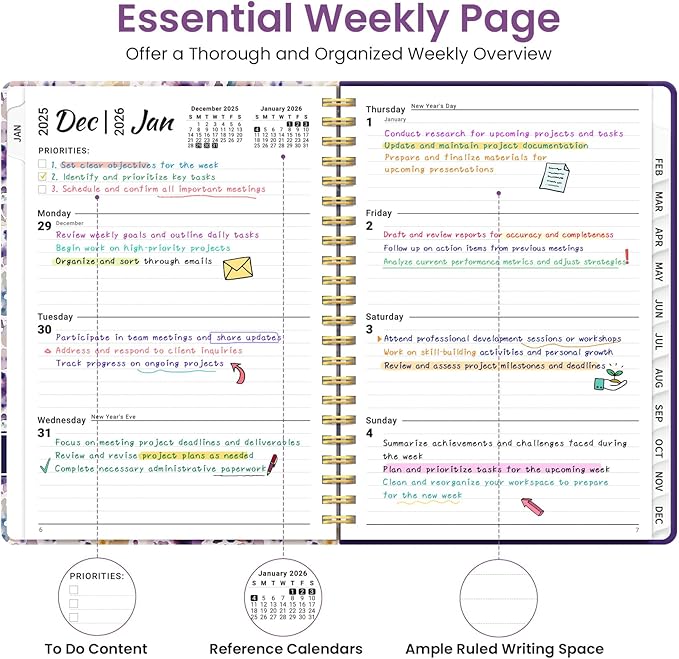 2026 Planner, Weekly and Monthly Planner for Women, Jan 2026 - Dec 2026 Pretty 2026 Calendar Planner with Monthly Tabs, Inner Pocket, Spiral Binding, Perfect for Office Home School - 8.5" x 11", Purple Blocks