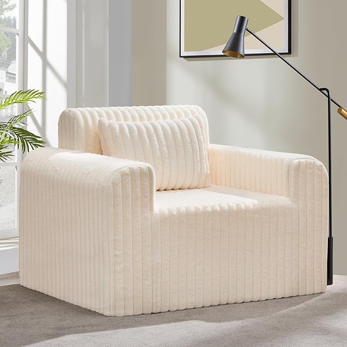 Hobestluk Single Sofa Foam Couch Sofa for Small Spaces Comfy Sofas with Removable Cover Furry Couch with Pillows for Living Room, Bedroom, Apartment, Office (White, Standard)