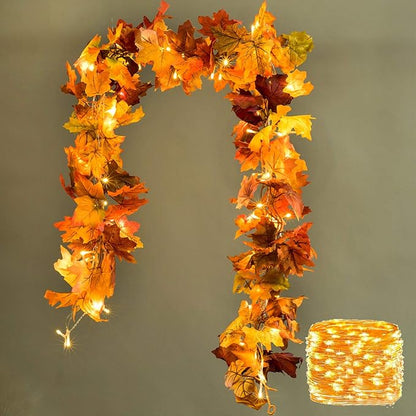 DearHouse 2 Pack Fall Maple Leaf Garland, 5.9Ft/Piece Hanging Vine With 16.4ft 40 Led String Light, Artificial Autumn Thanksgiving Decor for Home Wedding Fireplace Party