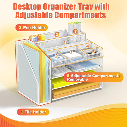 Docnest 4 Tier Mesh Desk Organizer with File Holder – Multi-Functional Paper Letter Tray with 5 Adjustable Compartments, 3 Pen Holders, Desktop Storage for Files, Mail, Stationery – White