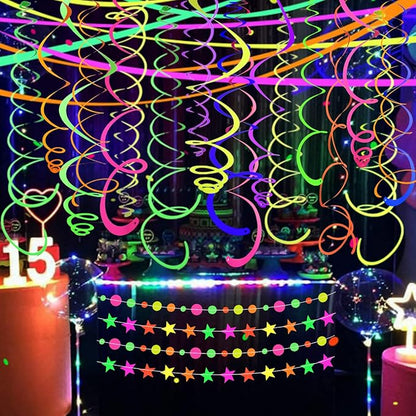 56 PCS UV Colorful Ceiling Swirl Decoration Hanging Paper Neon Streamer for Ceiling Neon Garlands Black Light Neon Decorations for Dark Glow Party Supplies and Decorations Birthday Neon Party Favors