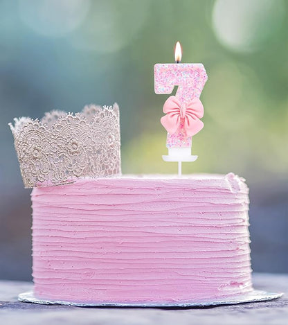 Number 7 Birthday Candle with Pink Sequins and Bowtie, Pink 7 Cake Topper Decoration for Girls Pastel Sweet Theme Birthday Party or Adults Milestone Age 7