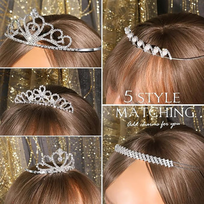 Teenitor Crown, 5pcs Tiaras for Women, Tiara Crown, Silver Tiara for Little Girls Rhinestone Headbands Wedding Headband Party
