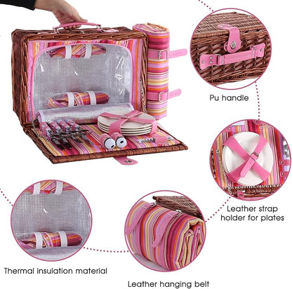 Wicker Picnic Basket for 4 with Waterproof Picnic Blanket and Insulated Cooler, Willow Hamper for Camping, Outdoors, Photoshoot, or a Birthday, Valentine’s Day, Wedding Gift, Pink