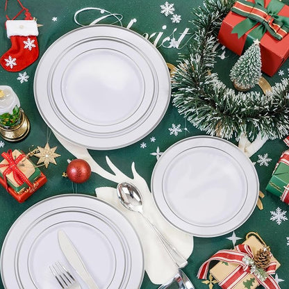 bUCLA 600pcs Silver Plastic Dinnerware Set for 100 Guests - Silver Christmas Dinnerware Set Disposable for Party - Include 100 Dinner Plates,100 Dessert Plates,100Cups,100 Knives,100 Forks,100 Spoons