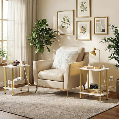 HOOBRO Side Table with Charging Station, End Table with USB Port and Outlet, Nightstand with 2-Layer Storage Shelves for Small Spaces, Living Room, Bedroom, Stable Frame, White and Gold DW09UBZ01
