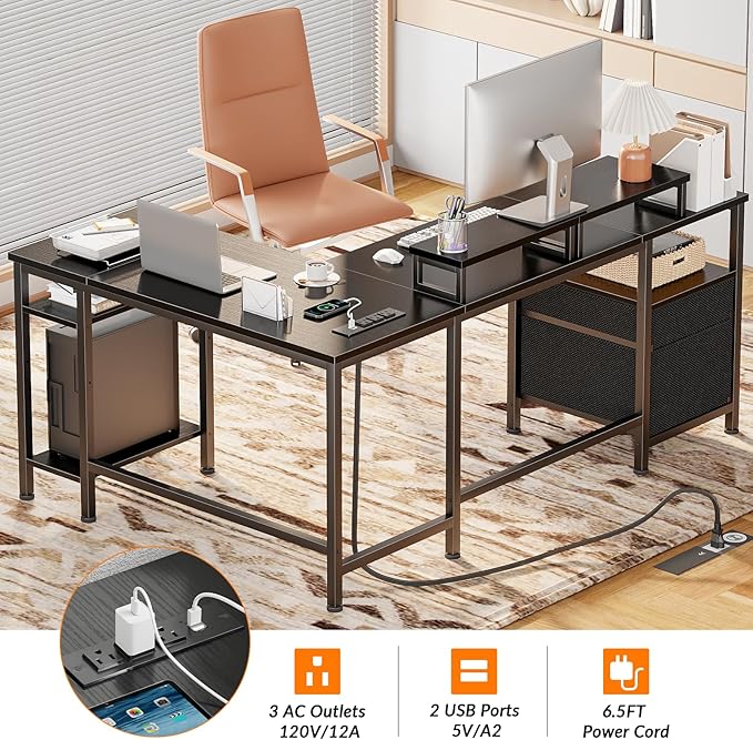 Furologee 59” L Shaped Desk with Power Outlet, Reversible Computer Desk with File Drawer & 2 Monitor Stands, Corner Home Office Table with Storage Shelves for Gaming Writing, Black