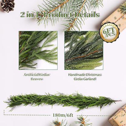 6ft 2Pcs Norfolk Pine Garland - Realistic Christmas Greenery Garland with Real Touch PE Leaves for Mantle, Table, Fireplace, Indoor, Outdoor Christmas Decorations