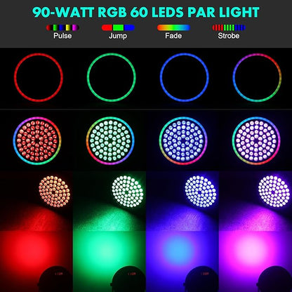 RGB Stage Par Light with Light Strip-90W LED Stage Lighting with Remote,DMX512 Sound Activated & Auto Strobe Jump Modes Uplights for Events Church Wedding DJ Party & Stage Show