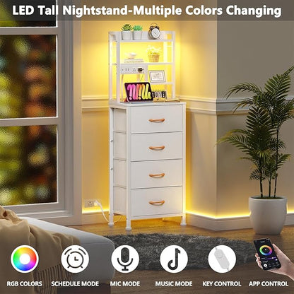 Furnulem Tall Night Stand, 52.1 Inch LED Nightstand with Charging Station and USB Ports, 4 PVC Fabric Drawers and 4 Tier Storage Shelf, Bedside Table for Bedroom, Dorm, Office (White)