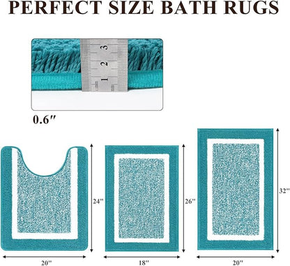 Pauwer Bathroom Sets 3 Pc Shower Rugs w/ U-Shaped Mat, Absorbent Microfiber Plush Mats, Non Slip, Machine Wash, Shaggy Aqua Blue