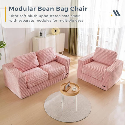 MAXYOYO Bean Bag Chair, Two-seat Bean Bag Sofa with Pillows and Armrests for Adults, Upholstered Loveseat Floor Sofa Couch Fluffy Chair Bean Bag Couch for Bedroom Living Room, Pink