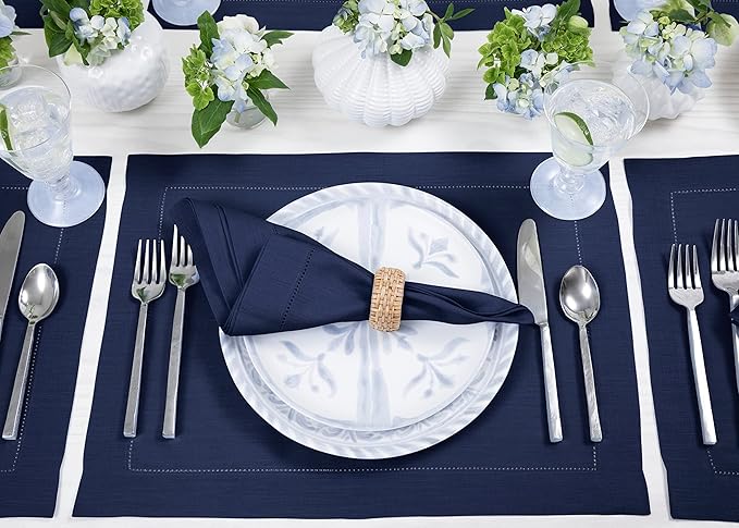 Solino Home Linen Cloth Placemats Set of 6-100% Pure Linen Hemstitch Navy Blue Placemats 14 x 19 Inch - Classic Hemstitch Table Place Mats for Christmas, Holiday, Winter, New Year