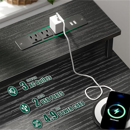47 Inch Computer Desk with 5 Fabric Storage Drawers,Gaming Desk with Power Outlets & LED Lights,Reversible Home Office Desk with Monitor Stand for Working Writing Study, Black