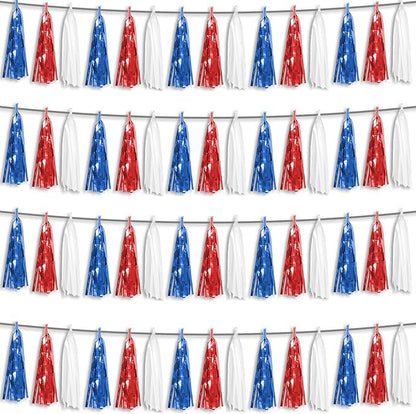 4P Red Blue White Foil Fringe Metallic Tassel Streamers Banner Tassel Garland for Parade Floats, Graduation, Wedding, Birthday, Halloween, Christmas, Independence Day, 4th of July, Party Decorations