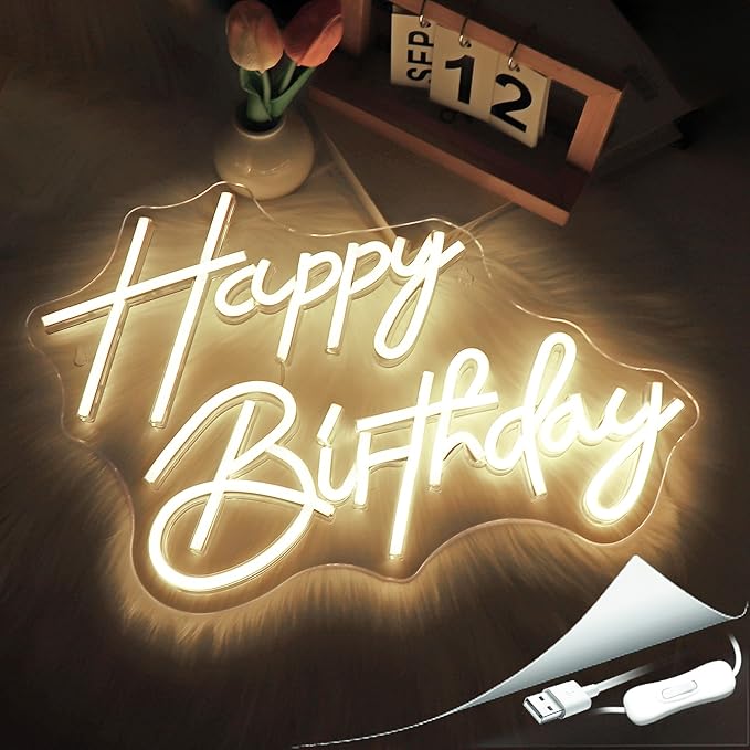 Neon Sign, Happy Birthday Neon Signs for Wall Decor Warm White LED Neon Light Up Signs Home Decor for Birthay Business Club Party Bars Shop Decoration USB Operated