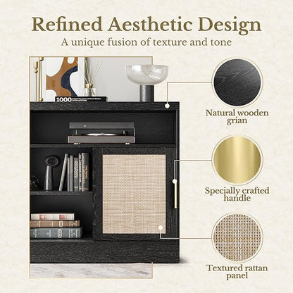 File Cabinet with Sliding Door, 32'' Rattan Office Cabinet with Open Adjustable Storage Shelves, Wood Filing Cabinet for Home Office, Black