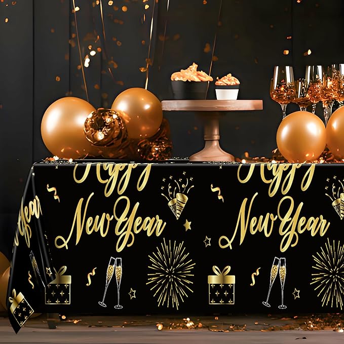 6 Pcs Happy New Year Tablecloth, 108" x 54" Rectangle Table Covers for New Years Eve Party Supplies, Black and Gold Firework Nye Tablecover 2026, Holiday Table Cover for NYE Party Supplies 2026 Decor