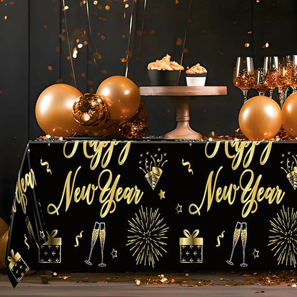 6 Pcs Happy New Year Tablecloth, 108" x 54" Rectangle Table Covers for New Years Eve Party Supplies, Black and Gold Firework Nye Tablecover 2026, Holiday Table Cover for NYE Party Supplies 2026 Decor