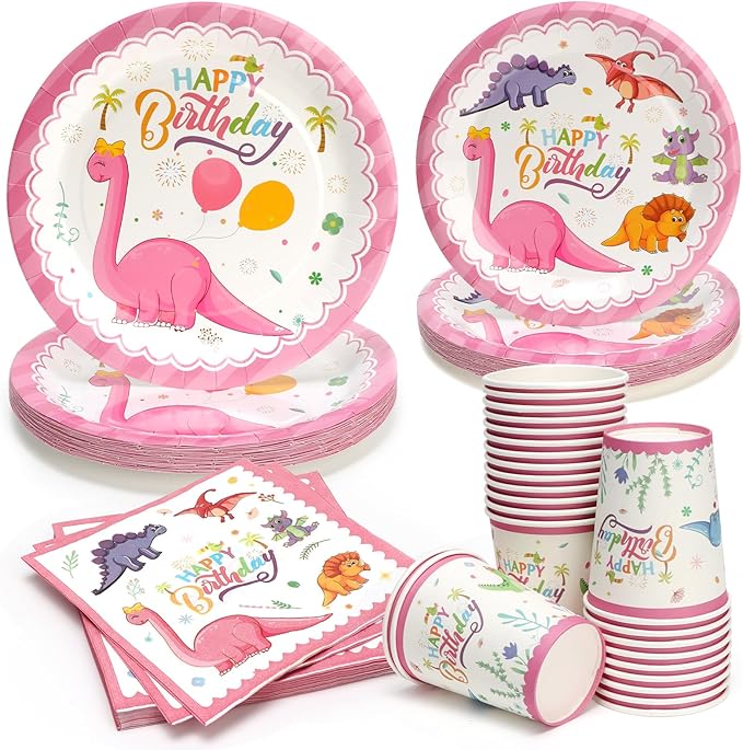 96pcs Pink Dinosaur Birthday Plates, Dinosaur Themed Paper Plates and Napkins,Cups Disposable Tableware Set for 24 Guests Baby Shower Picnic Kids Girls Birthday Party Supplies Decorations