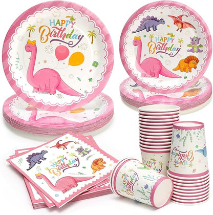 96pcs Pink Dinosaur Birthday Plates, Dinosaur Themed Paper Plates and Napkins,Cups Disposable Tableware Set for 24 Guests Baby Shower Picnic Kids Girls Birthday Party Supplies Decorations