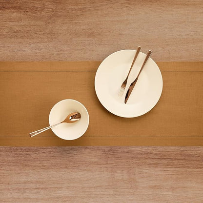 Solino Home Linen Table Runner 60 Inches - 100% Pure Linen Brown Sugar Hemstitch Table Runner 14 x 60 Inch Ideal for Dresser and Coffee Tables - Fall, New Year - Classic Hemstitch