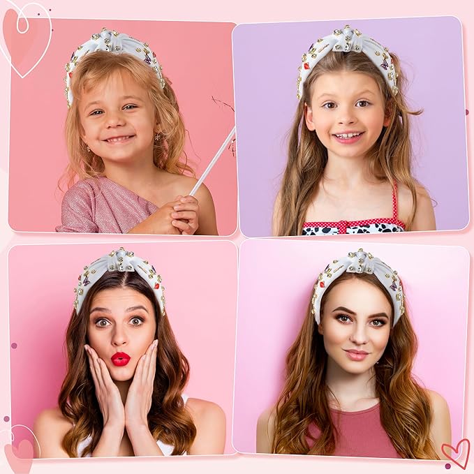 PANTIDE Music Jeweled Knotted Headband - Singer Fans Gift Guitar Red Lip Rhinestone Crystal Embellished Headband Wide Top Knot Fashion Hairband Birthday Back To School Gift for Women Girls (White)