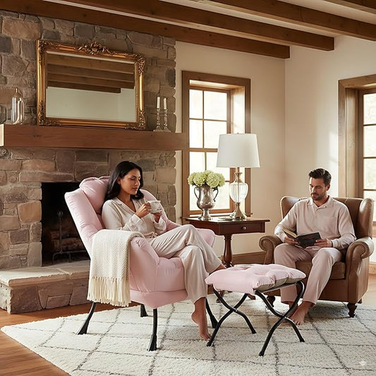 LITA Lazy Chair with Armrests and Side Pocket, Modern Upholstered Accent Reading Chair for Living Room, Bedroom, Dorm, Small Spaces, Single Pink