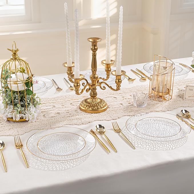 SUT 100Pcs Clear Plastic Plates, Hammered Plates Disposable Heavy Duty, Clear Disposable Plates With Gold Rim, Fancy Plastic plates Include 50 Dinner and 50 Dessert plates for Wedding