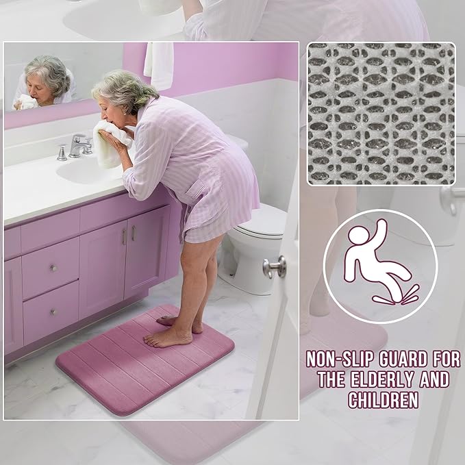 Yimobra Memory Foam Bath Mat, Super Soft Absorbent Bathroom Rug Non Slip, Quick Dry, Machine Washable Floor Carpet for Tub Shower, Home Decor Accessories, 24x17, Mauve