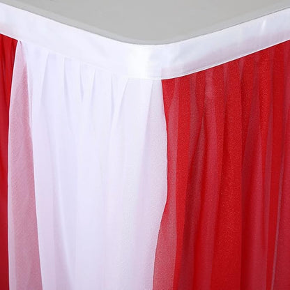 Red White Striped Table Skirt Tulle Circus Table Skirts for Rectangle Table 6ft for Birthday Carnival Circus Party Decorations