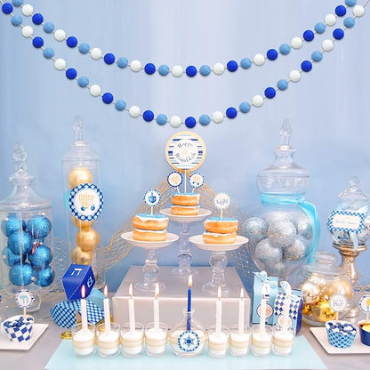 60 Balls Hanukkah Felt Ball Garlands - Hanukkah Decorations- Chanukah Blue Dark Blue White Pom Pom Garlands for Home Tree Menorah- Chanukah Party Indoor Outdoor Home Office Hanging Decor- 25mm