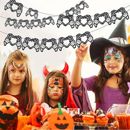 Skeleton Garland, Skeleton Heart Hands Banner, Black Glitter Spooky Hollow Heart Banner, Gothic Birthday Decorations Garland for Bachelorette Party Weddings Halloween Décor(14Pcs Heart)