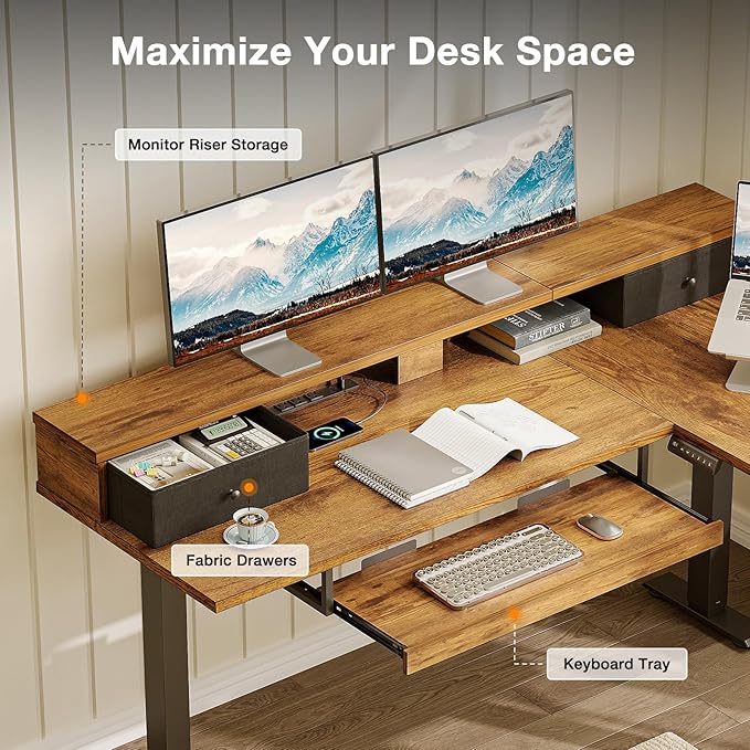 Casaottima 59 Inch Electric L-Shaped Standing Desk with Drawers, Height Adjustable Stand Up Corner Desk with Monitor Stand & Keyboard Tray, Lift Table for Home Office, Workstation, Rustic Brown