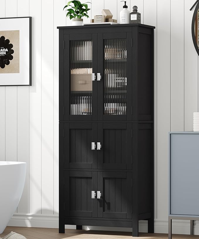 53.1" H Tall Bathroom Storage Cabinet, Bathroom Floor Cabinet with 6 Doors and Adjustable Shlef, Linen Cabinet, Pantry Cabinet for Living Room, Kitchen, Entryway, Black