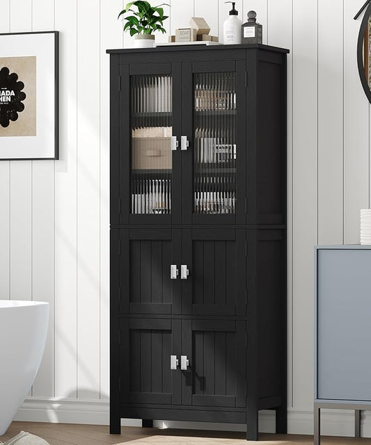 53.1" H Tall Bathroom Storage Cabinet, Bathroom Floor Cabinet with 6 Doors and Adjustable Shlef, Linen Cabinet, Pantry Cabinet for Living Room, Kitchen, Entryway, Black