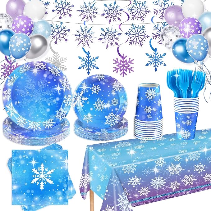 Winter Birthday Party Decorations Serve 24, Snowflake Winter Wonderland Decorations Disposable Tableware Includes Paper Plates Napkins Tablecloth for Christmas Winter Holiday New Year Birthday Party