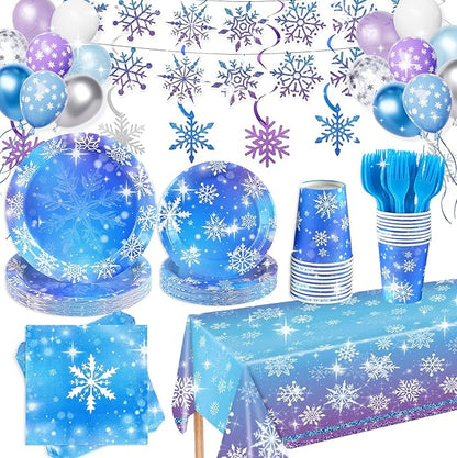 Winter Birthday Party Decorations Serve 24, Snowflake Winter Wonderland Decorations Disposable Tableware Includes Paper Plates Napkins Tablecloth for Christmas Winter Holiday New Year Birthday Party