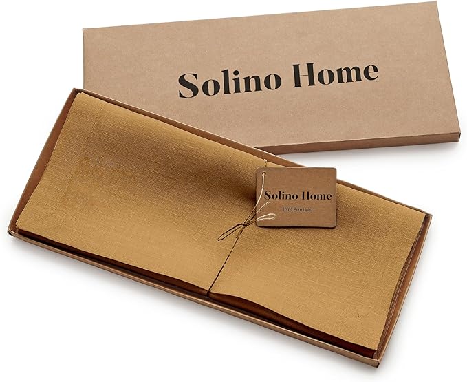 Solino Home Linen Table Runner 72 Inches Long - 100% Pure Linen Caramel Dining Table Runner 14 x 72 Inch for Fall, Autumn - Fete
