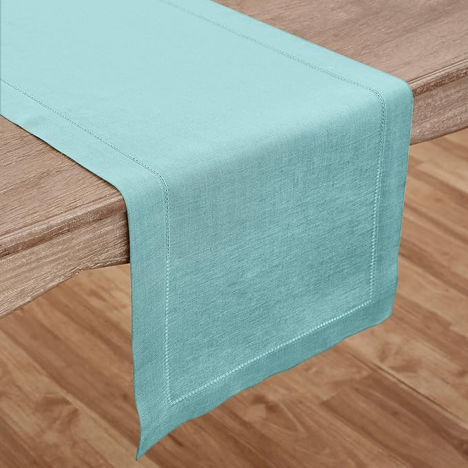 Solino Home Linen Aqua Blue Table Runner 108 Inches Long - 100% Pure Linen Hemstitch 14 x 108 Inch Table Runner for Dining, New Year - Classic Hemstitch