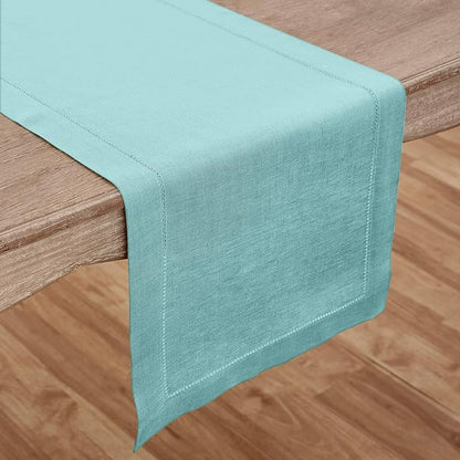 Solino Home Linen Aqua Blue Table Runner 108 Inches Long - 100% Pure Linen Hemstitch 14 x 108 Inch Table Runner for Dining, New Year - Classic Hemstitch
