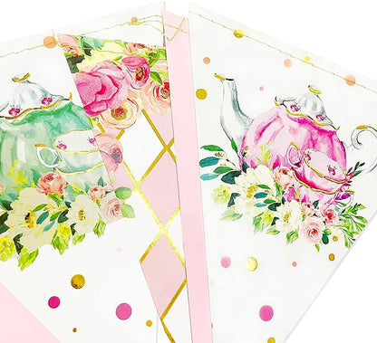 Spring Tea Party Decorations Pink and Gold Floral Flower Butterfly Teapot Teacup Plaid Paper Triangle Flag Pennant Banner Bunting for Spring Birthday Wedding Bridal Baby Shower Engagement Tea Party