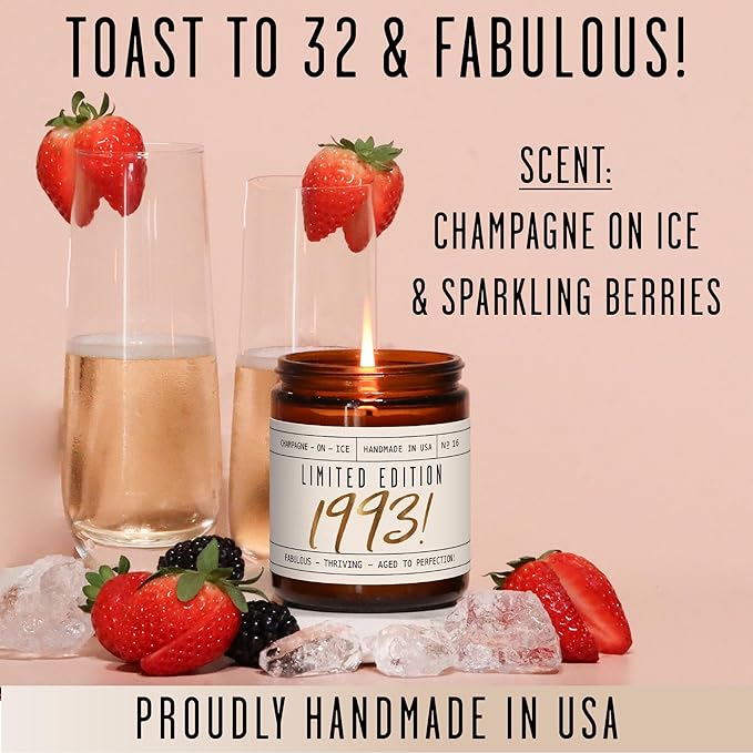 32nd Birthday Gifts for Women - 'Limited Edition 1993' Soy Candle, w/Champagne on Ice I 32 Birthday Gifts for Women I 32th Gift for Her Ideas I 9oz Reusable Jar, 50Hr Burn, Made in USA
